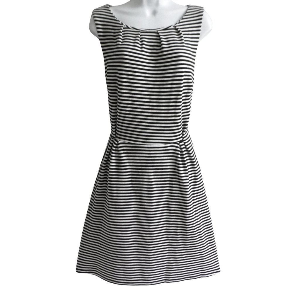 Mary McFadden Knit Dress Monochrome Stripes Inverted Pleat Neck Sleeveless XL